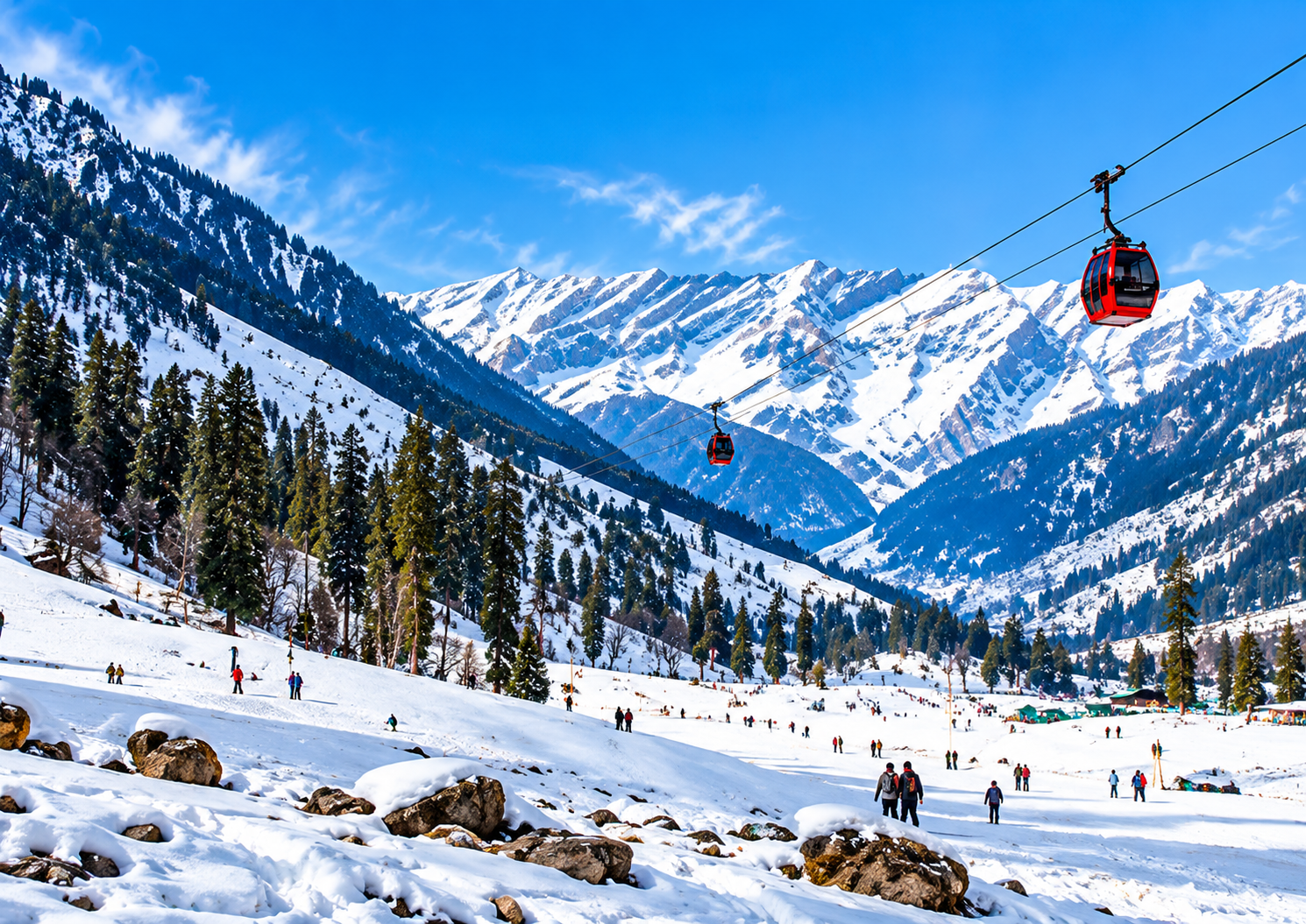 Snowy Solang Valley and cable car